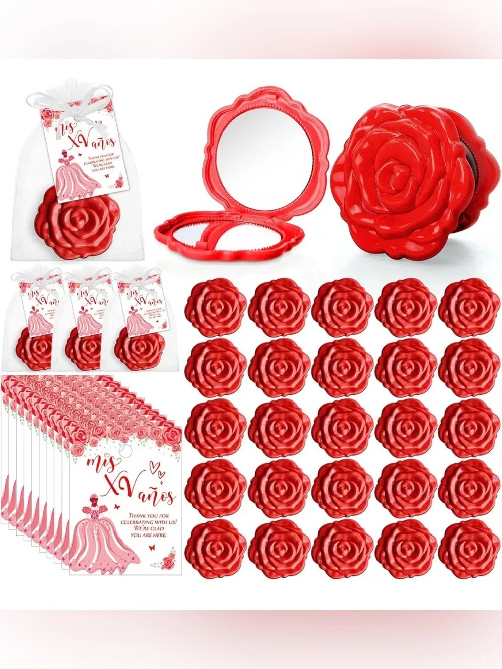 40 Quinceanera Party Favors for Guests Rose Compact Mirrors, Red